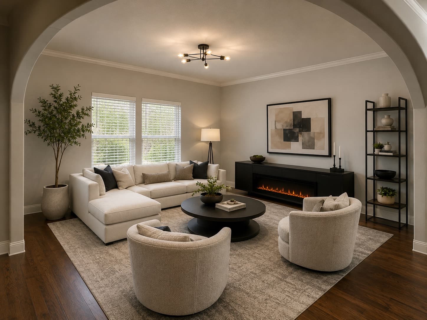 Furnished living room with fireplace wall and sectional sofa